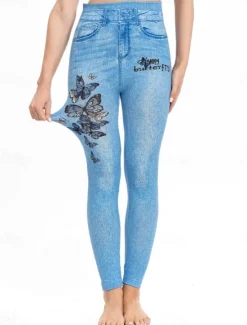 Clearance Women's Leggings Trousers 3D Print Chinos Vacation Streetwear Casual Full Length High Waist Butterfly Flower Printing Comfy Soft Comfortable Stretchy Outdoor Street Blue Dark Blue Summer Skinny Women Leggings