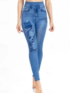 Clearance Women's Leggings Trousers 3D Print Chinos Vacation Streetwear Casual Full Length High Waist Butterfly Flower Printing Comfy Soft Comfortable Stretchy Outdoor Street Blue Dark Blue Summer Skinny Women Leggings