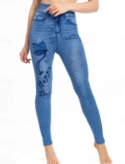 Clearance Women's Leggings Trousers 3D Print Chinos Vacation Streetwear Casual Full Length High Waist Butterfly Flower Printing Comfy Soft Comfortable Stretchy Outdoor Street Blue Dark Blue Summer Skinny Women Leggings