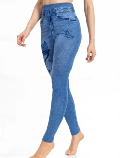 Clearance Women's Leggings Trousers 3D Print Chinos Vacation Streetwear Casual Full Length High Waist Butterfly Flower Printing Comfy Soft Comfortable Stretchy Outdoor Street Blue Dark Blue Summer Skinny Women Leggings