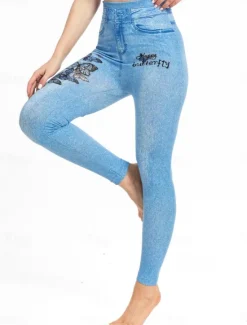 Clearance Women's Leggings Trousers 3D Print Chinos Vacation Streetwear Casual Full Length High Waist Butterfly Flower Printing Comfy Soft Comfortable Stretchy Outdoor Street Blue Dark Blue Summer Skinny Women Leggings