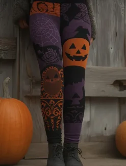 Online Women's Leggings Vacation Vintage Fashion Full Length High WaistPantsHalloween Graphic Halloween Printing Soft Breathable High Elasticity Outdoor Vacation Street Violet Dark Gray Orange Spring Fall Women Leggings