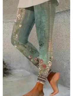 Women's Leggings Vacation Vintage Ethnic Style Ankle-Length High Waist Floral Graphic 3D Print Quick Dry Breathability Soft Stretchy Outdoor Home Causal Red Blue Green Gray Fall Slim Fit Women Leggings|Women's Sweatpants & Joggers