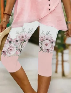 Online Women's Leggings Vacation Vintage Fashion Calf-Length High Waist Floral Graphic Leaf Printing Breathable Soft Stretchy Formal Outdoor Vacation Robin's Egg Blue White Pink Summer Spring Slim Fit Women Leggings