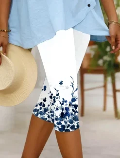 Online Women's Leggings Vacation Vintage Fashion Calf-Length High Waist Floral Graphic Leaf Printing Breathable Soft Stretchy Formal Outdoor Vacation Robin's Egg Blue White Pink Summer Spring Slim Fit Women Leggings