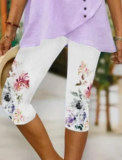 Online Women's Leggings Vacation Vintage Fashion Calf-Length High Waist Floral Graphic Leaf Printing Breathable Soft Stretchy Formal Outdoor Vacation Robin's Egg Blue White Pink Summer Spring Slim Fit Women Leggings