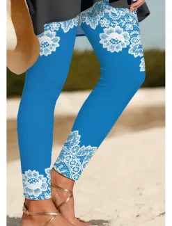 Clearance Women's Leggings Vacation Vintage Ethnic Style Ankle-Length High Waist Graphic 3D Print Quick Dry Breathability Soft Stretchy Outdoor Home Causal Yellow Blue Sky Blue Spring Fall Regular Fit Women Pants|Women's Sweatpants & Joggers