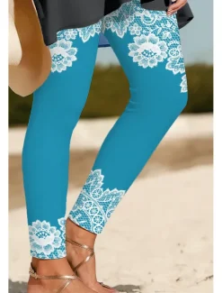 Clearance Women's Leggings Vacation Vintage Ethnic Style Ankle-Length High Waist Graphic 3D Print Quick Dry Breathability Soft Stretchy Outdoor Home Causal Yellow Blue Sky Blue Spring Fall Regular Fit Women Pants|Women's Sweatpants & Joggers