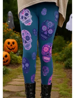 Best Women's Leggings Vacation Vintage Ethnic Style Ankle-Length High WaistPantsHalloween Graphic Skull 3D Print Quick Dry Breathability Soft High Elasticity Outdoor Home Causal Lake blue Purple Fall Slim Women Women's Sweatpants & Joggers|Leggings