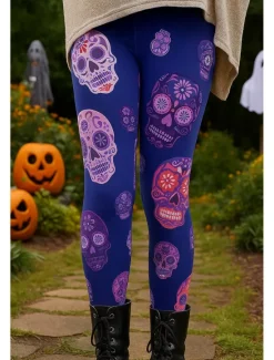 Best Women's Leggings Vacation Vintage Ethnic Style Ankle-Length High WaistPantsHalloween Graphic Skull 3D Print Quick Dry Breathability Soft High Elasticity Outdoor Home Causal Lake blue Purple Fall Slim Women Women's Sweatpants & Joggers|Leggings