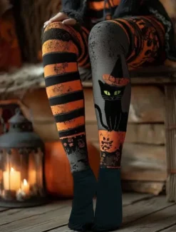 Hot Women's Leggings Vacation Vintage Fashion Full Length High WaistPantsHalloween Graphic Skull Cat Printing Soft Breathable Stretchy Outdoor Vacation Street Dark-Gray Light Grey Orange Summer Spring Women Leggings