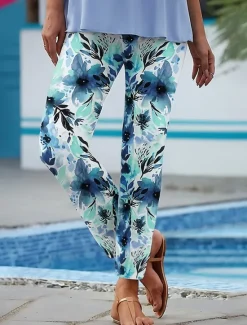 Clearance Women's Leggings Vacation Vintage Ethnic Style Ankle-Length High Waist Floral Graphic 3D Print Quick Dry Breathability Soft Stretchy Outdoor Home Causal White Yellow Blue Spring Fall Slim Fit Women Women's Sweatpants & Joggers|Leggings