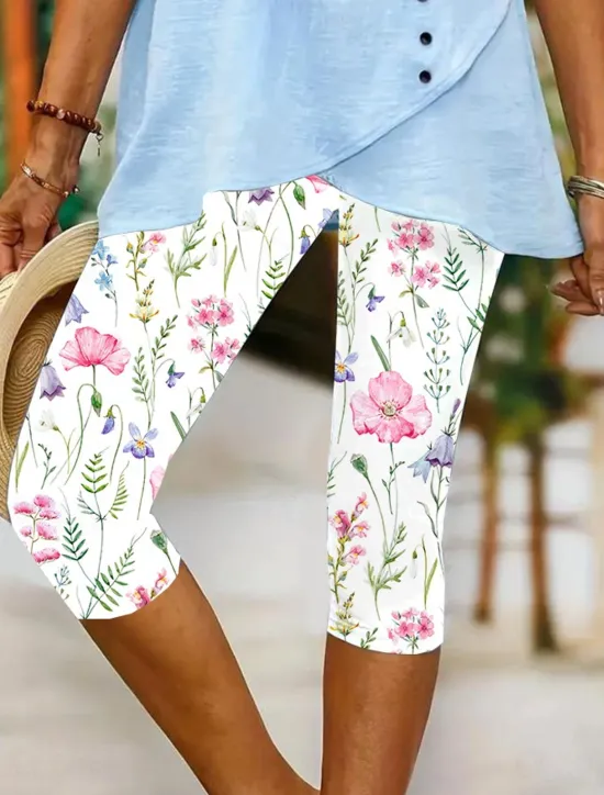 Hot Women's Leggings Vacation Vintage Fashion Calf-Length High Waist Floral Graphic Leaf Printing Breathable Soft Stretchy Formal Outdoor Vacation Robin's Egg Blue Pink Summer Spring Slim Fit Women Leggings
