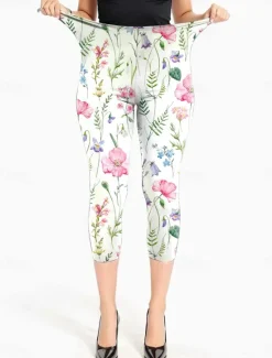Hot Women's Leggings Vacation Vintage Fashion Calf-Length High Waist Floral Graphic Leaf Printing Breathable Soft Stretchy Formal Outdoor Vacation Robin's Egg Blue Pink Summer Spring Slim Fit Women Leggings
