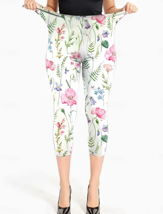 Hot Women's Leggings Vacation Vintage Fashion Calf-Length High Waist Floral Graphic Leaf Printing Breathable Soft Stretchy Formal Outdoor Vacation Robin's Egg Blue Pink Summer Spring Slim Fit Women Leggings
