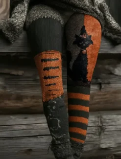 Women's Leggings Vacation Vintage Fashion Full Length High WaistPantsHalloween Graphic Skull Cat Printing Soft Breathable Stretchy Outdoor Vacation Street Dark-Gray Orange Brown Green Spring Fall Women Leggings