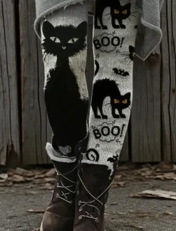 Women's Leggings Vacation Vintage Fashion Full Length High WaistPantsHalloween Graphic Skull Cat Printing Soft Breathable Stretchy Outdoor Vacation Street Dark-Gray Orange Brown Green Spring Fall Women Leggings