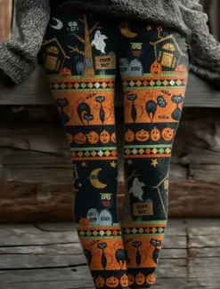 Women's Leggings Vacation Vintage Fashion Full Length High WaistPantsHalloween Graphic Skull Cat Printing Soft Breathable Stretchy Outdoor Vacation Street Dark-Gray Orange Brown Green Spring Fall Women Leggings