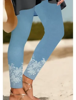 Hot Women's Leggings Vacation Vintage Ethnic Style Ankle-Length High Waist Floral Graphic 3D Print Quick Dry Breathability Soft Stretchy Outdoor Home Causal Black Navy Blue Blue Sky Blue Spring Fall Slim Women Leggings|Women's Sweatpants & Joggers