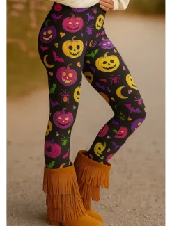New Women's Leggings Vacation Vintage Ethnic Style Ankle-Length High WaistPantsHalloween Graphic Skull Pumpkin 3D Print Quick Dry Breathability Soft Stretchy Outdoor Home Causal Purple Orange Green Fall Women Leggings|Women's Sweatpants & Joggers