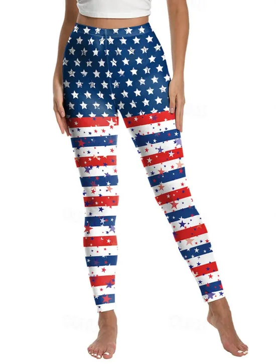 Sale Women's Leggings Vacation Vintage Ethnic Style Ankle-Length High WaistPantsAmerican Independence Day Graphic American Flag 3D Print Quick Dry Breathability Soft Stretchy Outdoor Home Causal Lake Blue Women Leggings|Women's Sweatpants & Joggers