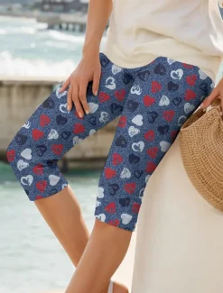 Hot Women's Leggings Vacation Vintage Fashion Calf-Length High Waist Heart Graphic Printing Breathable Soft Stretchy Formal Outdoor Vacation Robin's Egg Blue Navy Sky Blue White Summer Spring Slim Fit Women Leggings