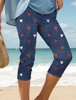 Hot Women's Leggings Vacation Vintage Fashion Calf-Length High Waist Heart Graphic Printing Breathable Soft Stretchy Formal Outdoor Vacation Robin's Egg Blue Navy Sky Blue White Summer Spring Slim Fit Women Leggings