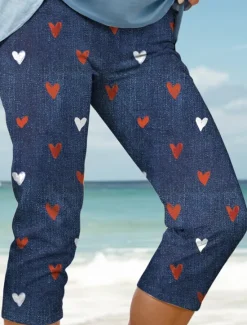Hot Women's Leggings Vacation Vintage Fashion Calf-Length High Waist Heart Graphic Printing Breathable Soft Stretchy Formal Outdoor Vacation Robin's Egg Blue Navy Sky Blue White Summer Spring Slim Fit Women Leggings