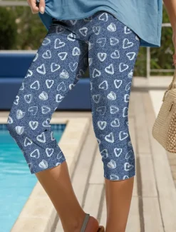 Hot Women's Leggings Vacation Vintage Fashion Calf-Length High Waist Heart Graphic Printing Breathable Soft Stretchy Formal Outdoor Vacation Robin's Egg Blue Navy Sky Blue White Summer Spring Slim Fit Women Leggings