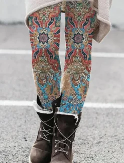 New Women's Leggings Vacation Vintage Fashion Full Length High Waist Graphic Paisley Plaid Drawstring Patchwork Printing Thermal Warm Soft Breathable Stretchy Vacation Street Causal Dark Brown Dark Women Leggings
