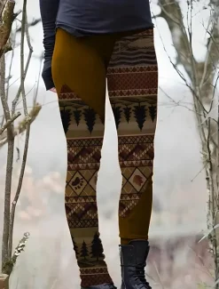 New Women's Leggings Vacation Vintage Fashion Full Length High Waist Graphic Paisley Plaid Drawstring Patchwork Printing Thermal Warm Soft Breathable Stretchy Vacation Street Causal Dark Brown Dark Women Leggings
