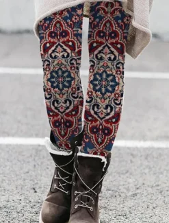 New Women's Leggings Vacation Vintage Fashion Full Length High Waist Graphic Paisley Plaid Drawstring Patchwork Printing Thermal Warm Soft Breathable Stretchy Vacation Street Causal Dark Brown Dark Women Leggings