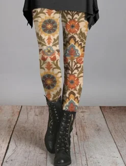 New Women's Leggings Vacation Vintage Fashion Full Length High Waist Graphic Paisley Plaid Drawstring Patchwork Printing Thermal Warm Soft Breathable Stretchy Vacation Street Causal Dark Brown Dark Women Leggings