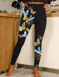 Clearance Women's Leggings Vacation Vintage Ethnic Style Ankle-Length High Waist Graphic Animal Butterfly 3D Print Quick Dry Breathability Soft Stretchy Outdoor Home Causal Yellow Blue Purple Fall Slim Fit Women Women's Sweatpants & Joggers|Leggings