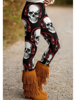 Clearance Women's Leggings Vacation Vintage Ethnic Style Ankle-Length High WaistPantsHalloween Skull 3D Print Quick Dry Breathability Soft Stretchy Formal Outdoor Vacation Red Purple Orange Green Fall Regular Women Women's Sweatpants & Joggers|Leggings
