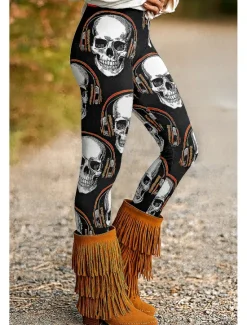 Clearance Women's Leggings Vacation Vintage Ethnic Style Ankle-Length High WaistPantsHalloween Skull 3D Print Quick Dry Breathability Soft Stretchy Formal Outdoor Vacation Red Purple Orange Green Fall Regular Women Women's Sweatpants & Joggers|Leggings
