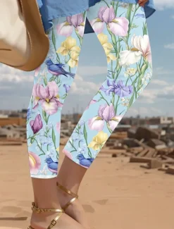 Discount Women's Leggings Vacation Vintage Fashion Ankle-Length High Waist Colorful Floral Graphic Printing Thermal Warm Soft Breathable Stretchy Vacation Casual Daily Black Pink Blue Spring Slim Fit Women Leggings