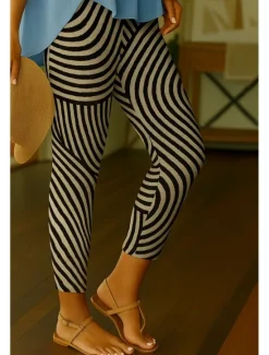 Women's Leggings Vacation Vintage Ethnic Style Ankle-Length High Waist Graphic Stripe 3D Print Quick Dry Breathability Soft Stretchy Outdoor Home Causal Black White Pink Spring Fall Regular Fit Women Women's Sweatpants & Joggers|Leggings