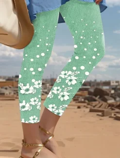Outlet Women's Leggings Vacation Vintage Fashion Ankle-Length High Waist Floral Graphic Polka Dot Printing Thermal Warm Soft Breathable Stretchy Vacation Casual Daily Pink Blue Green Spring Slim Fit Women Leggings