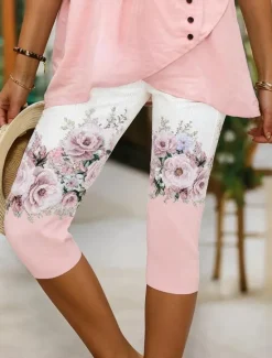 Discount Women's Leggings Vacation Vintage Fashion Calf-Length High Waist Floral Graphic Printing Breathable Soft Stretchy Outdoor Vacation Causal Light Pink White-Blue Light Purple Summer Spring Slim Fit Women Leggings