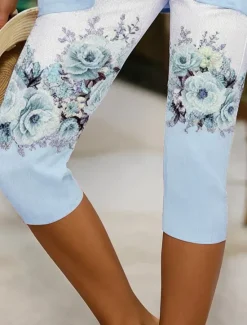 Discount Women's Leggings Vacation Vintage Fashion Calf-Length High Waist Floral Graphic Printing Breathable Soft Stretchy Outdoor Vacation Causal Light Pink White-Blue Light Purple Summer Spring Slim Fit Women Leggings