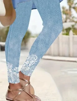 Discount Women's Leggings Vacation Vintage Fashion Ankle-Length High Waist Floral Graphic Printing Soft Breathable Stretchy Vacation Casual Daily Robin's Egg Blue Spring Slim Fit Women Leggings