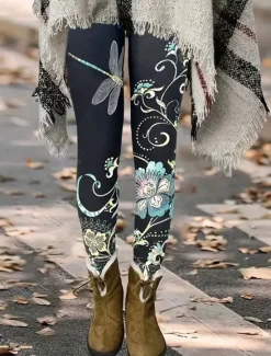 Women's Leggings Vintage Fashion Basic Ankle-Length High Waist Floral Graphic Printing Thermal Warm Soft Breathable Stretchy Vacation Casual Daily Red Blue Spring Slim Fit Women Leggings