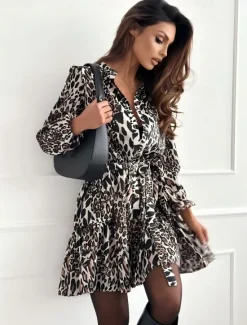 Clearance Women's Leopard Buttons Belted V Neck Mini Dress Elegant Daily Long Sleeve Fall Women Work Dresses