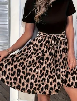 Discount Women's Tie Front Crew Neck Mini Dress Stylish Casual Daily Vacation Short Sleeve Summer Women Casual Dress