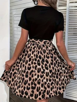 Discount Women's Tie Front Crew Neck Mini Dress Stylish Casual Daily Vacation Short Sleeve Summer Women Casual Dress