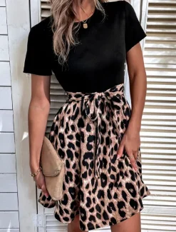 Discount Women's Tie Front Crew Neck Mini Dress Stylish Casual Daily Vacation Short Sleeve Summer Women Casual Dress