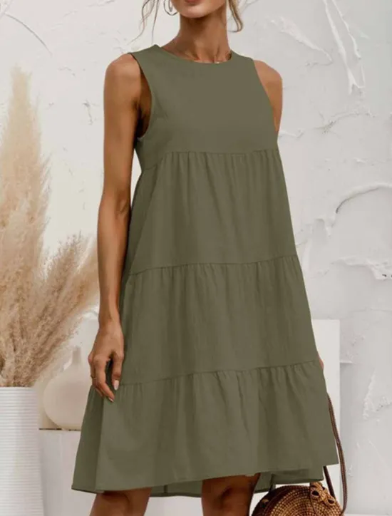 Women's Light Blue ArmyGreen Black Summer Spring Mini Dress Cotton Linen Dresses Casual Dress Tiered Dress Basic Casual Outdoor Daily Regular Fit Pure Color Crew Neck Women Dresses