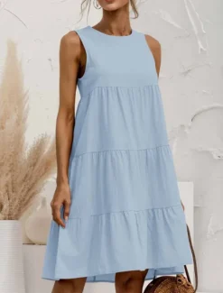 Women's Light Blue ArmyGreen Black Summer Spring Mini Dress Cotton Linen Dresses Casual Dress Tiered Dress Basic Casual Outdoor Daily Regular Fit Pure Color Crew Neck Women Dresses