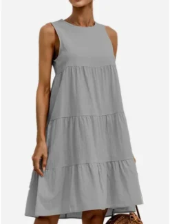 Women's Light Blue ArmyGreen Black Summer Spring Mini Dress Cotton Linen Dresses Casual Dress Tiered Dress Basic Casual Outdoor Daily Regular Fit Pure Color Crew Neck Women Dresses